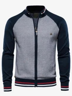 Cardigan Pour Hommes Pulls Rayures Confortables Manches Longues Marine Foncé Veste