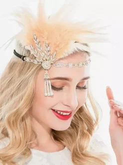 Carnaval Accessoires Robe Flapper Plumes Strass Halloween Bandeau Flapper Noir Années 1920 Gatsby
