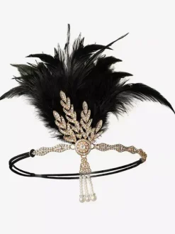 Carnaval Accessoires Robe Flapper Plumes Strass Halloween Bandeau Flapper Noir Années 1920 Gatsby