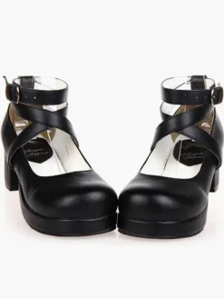 Carré de talons Noir Lolita plateforme cheville bretelles chaussures Lolita talon Chunky Déguisements Halloween