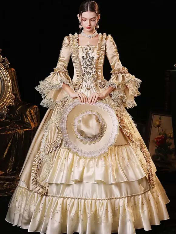 Champagne Rétro Costumes Robe Pour Femme Style Vintage Européen Marie Antoinette Costume Robe De Bal Robe De Soirée Médiévale
