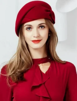 Chapeau de laine rétro béret femmes chapeau bourgogne arcs vintage coiffes Déguisements Halloween