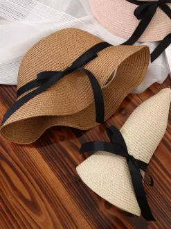 Chapeau de paille à n艙ud papillon pour femme chapeau de plage pliable pour l'été 2026