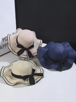 Chapeau de paille à n艙ud papillon et bord ondulé chapeau de soleil d'été pour femme 2026