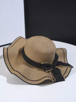 Chapeau de paille à n艙ud papillon et bord ondulé chapeau de soleil d'été pour femme 2026