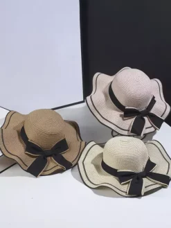 Chapeau de paille à n艙ud papillon et bord ondulé chapeau de soleil d'été pour femme 2026