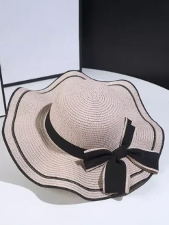 Chapeau de paille à n艙ud papillon et bord ondulé chapeau de soleil d'été pour femme 2026