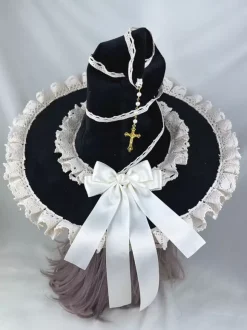 Chapeau gothique Lolita noir avec n艙uds et volants et chaînes - Accessoire en polyester - Accessoires Lolita