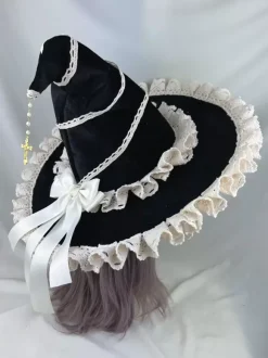 Chapeau gothique Lolita noir avec n艙uds et volants et chaînes - Accessoire en polyester - Accessoires Lolita