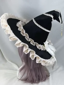 Chapeau gothique Lolita noir avec n艙uds et volants et chaînes - Accessoire en polyester - Accessoires Lolita
