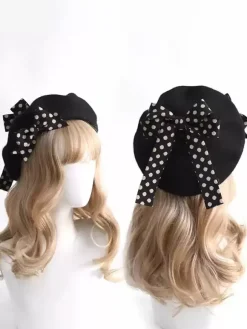 Chapeau Lolita doux avec n艙uds et accessoires à pois en polyester bordeaux
