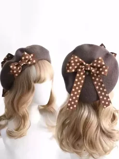 Chapeau Lolita doux avec n艙uds et accessoires à pois en polyester bordeaux