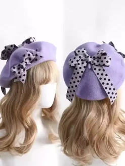 Chapeau Lolita doux avec n艙uds et accessoires à pois en polyester bordeaux