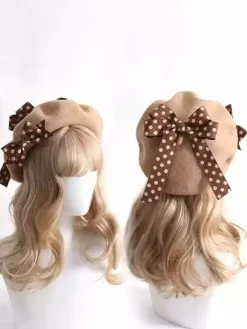 Chapeau Lolita doux avec n艙uds et accessoires à pois en polyester bordeaux