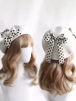 Chapeau Lolita doux avec n艙uds et accessoires à pois en polyester bordeaux