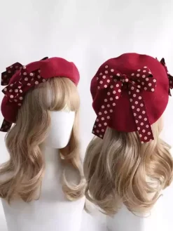 Chapeau Lolita doux avec n艙uds et accessoires à pois en polyester bordeaux