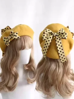 Chapeau Lolita doux avec n艙uds et accessoires à pois en polyester bordeaux