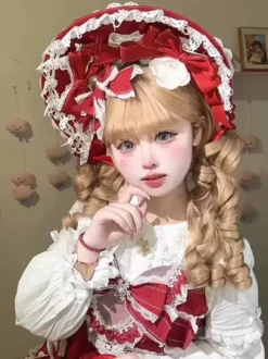 Chapeau Lolita doux Fleurs rouges N艙uds Accessoire en dentelle Accessoires Lolita en polyester