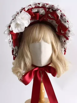 Chapeau Lolita doux Fleurs rouges N艙uds Accessoire en dentelle Accessoires Lolita en polyester