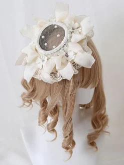 Chapeau Lolita Style Pastoral Perles Fleurs Dentelle Polyester Chapeaux Lolita Ivoire