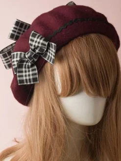 Chapeau Bowler Lolita Classique Lolita Beret Plaid Bow Wool Burgundy Déguisements Halloween