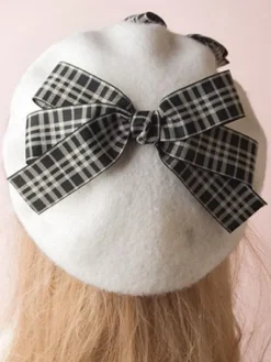 Chapeau Bowler Lolita Classique Lolita Beret Plaid Bow Wool Burgundy Déguisements Halloween
