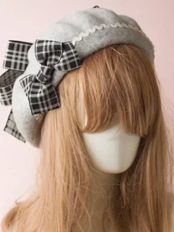 Chapeau Bowler Lolita Classique Lolita Beret Plaid Bow Wool Burgundy Déguisements Halloween