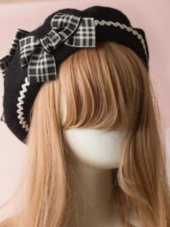 Chapeau Bowler Lolita Classique Lolita Beret Plaid Bow Wool Burgundy Déguisements Halloween