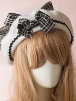 Chapeau Bowler Lolita Classique Lolita Beret Plaid Bow Wool Burgundy Déguisements Halloween