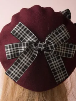Chapeau Bowler Lolita Classique Lolita Beret Plaid Bow Wool Burgundy Déguisements Halloween