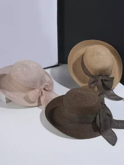Chapeau de paille d'été avec n艙ud papillon chapeau de soleil pliable pour femme 2026