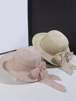 Chapeau de paille d'été avec n艙ud papillon chapeau de soleil pliable pour femme 2026