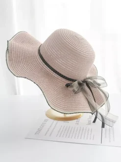 Chapeau de paille à larges bords avec n艙ud papillon protection solaire d'été chapeau de plage 2026