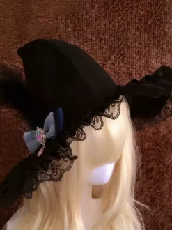 Chapeau gothique Lolita en dentelle noire avec volants et n艙uds accessoire en polyester accessoires Lolita