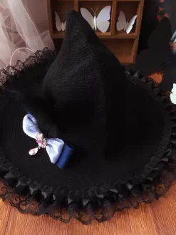 Chapeau gothique Lolita en dentelle noire avec volants et n艙uds accessoire en polyester accessoires Lolita