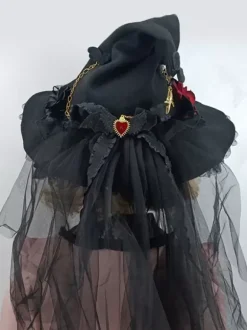 Chapeau gothique Lolita Fleurs noires Volants Chaînes Accessoire Polyester Lolita Accessoires