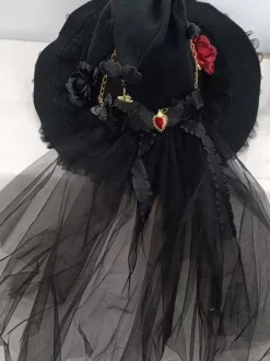 Chapeau gothique Lolita Fleurs noires Volants Chaînes Accessoire Polyester Lolita Accessoires