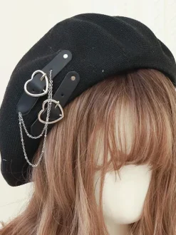 Chapeau Lolita Doux Chaînes Accessoire Motif Coeurs Chapeau Lolita Noir En Polyester