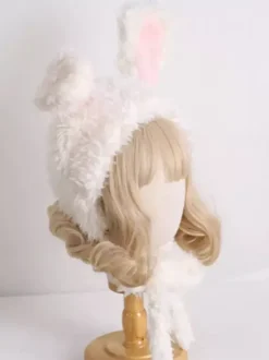 Chapeau Sweet Lolita avec oreilles de lapin roses et peluche chaude
