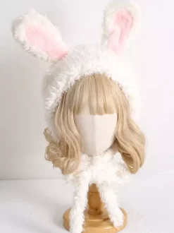 Chapeau Sweet Lolita avec oreilles de lapin roses et peluche chaude