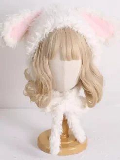 Chapeau Sweet Lolita avec oreilles de lapin roses et peluche chaude