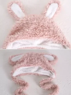 Chapeau Sweet Lolita avec oreilles de lapin roses et peluche chaude