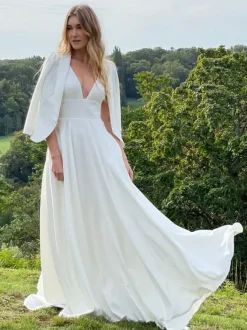 Écharpe de mariage Ivoire Manches longues Col en V Tops Couverture de mariée
