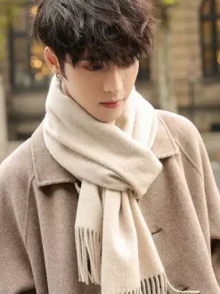 Écharpe d'hiver pour homme en pure laine cache-cou avec pompons