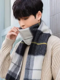 Écharpe d'hiver pour homme en pure laine cache-cou avec pompons