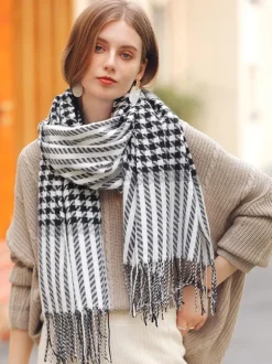 Écharpe Pour Femme Charmante Frange À Carreaux Hiver Chaud Longues Écharpes