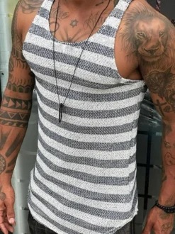 Chars de vêtements pour hommes T-shirts & Tanks Tank Tank Tank Singlet Bijou Col Strips Slim Fit Grey Grey Summer Top