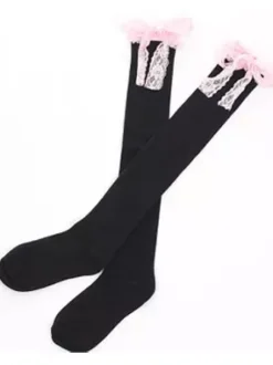 Chaussettes Lolita tricotées avec n艙uds roses Déguisements Halloween