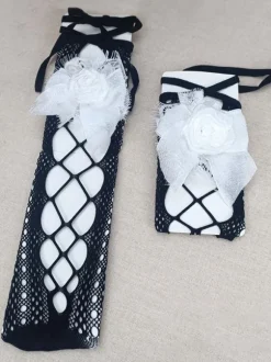 Chaussettes Gothiques Lolita N艙uds Champagne Filets Fleurs Accessoire Polyester
