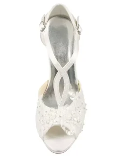 chaussure de mariée en fausse soie ivoire à talons aigus avec dentelle escarpins type-T bout ouvert